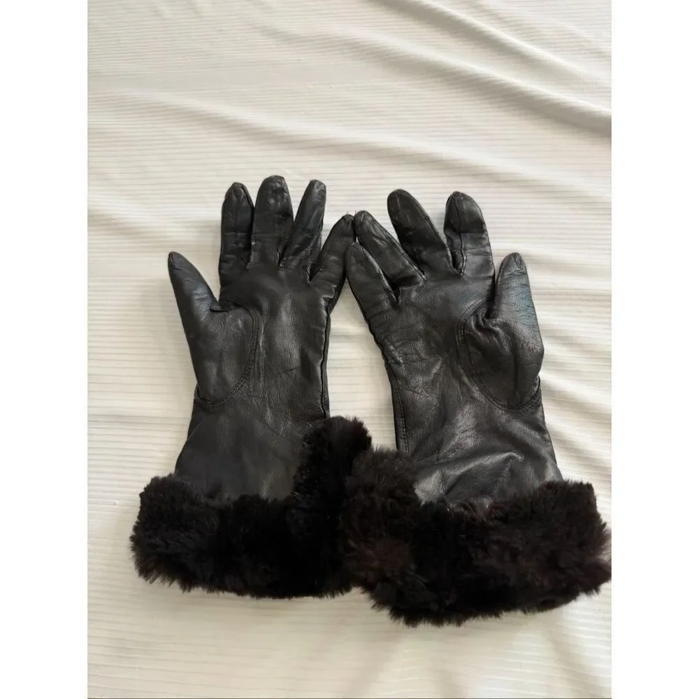 Stewart’s Vintage Genuine Leather Women’s  Black Fur Gloves Size 6 1/2